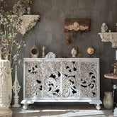 Indian Handmade Carved Solid Hard Wood Floral Design Sideboard A5